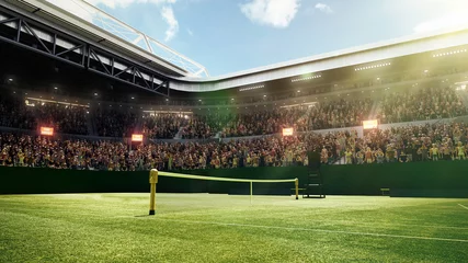 Fotobehang Empty tennis court with grass surface, net and sport fans sitting on tribune, waiting for game start. Open air stadium with flashlights. Sport, game, activity, championship, match concept. 3D render © master1305