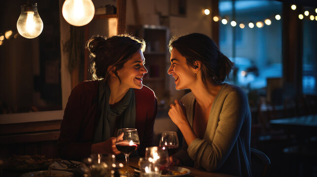 Lesbian couple's romantic evening with wine at restaurant