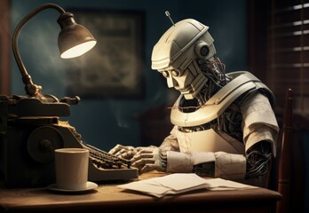 Medieval robot redactor working at typewriter. Robotic cyborg author writing script. Generate ai