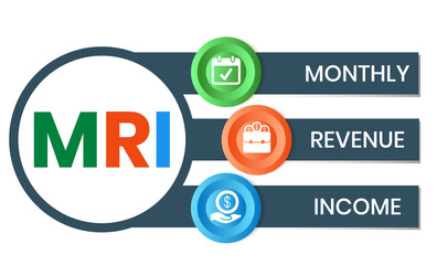 MRI, Monthly Revenue Income. Concept acronym with keywords and icons. Flat vector illustration. Isolated on white background.