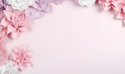 Fototapeta na wymiar Banner with flowers on light pink background. Greeting card template for Wedding, copy space. Generative AI