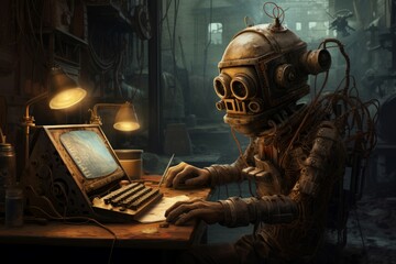 Antique robot writer working with ancient typewriter. Robotic author taping on archaic keyboard....
