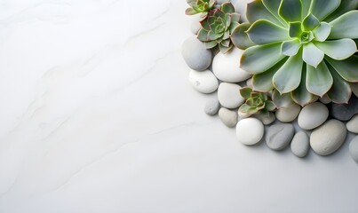 Obraz na płótnie Canvas beautiful succulent plants and round decoration pebbles arranged on top left corner of light pastel background. Generative AI