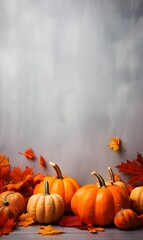 Fall background with orange pumpkins and fall leaves on a light surface. Generative AI