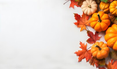 Naklejka na ściany i meble Fall background with orange pumpkins and fall leaves on a light surface. Generative AI