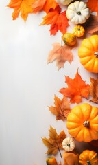 Fall background with orange pumpkins and fall leaves on a light surface. Generative AI