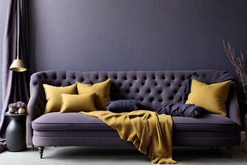 Navy blue settee paired with mustard-yellow tufted cushions and a charcoal knitted throw against a soft lavender wall. generated by AI
