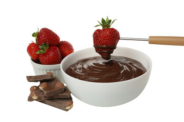 PNG, fondue, plate with chocolate and strawberries, isolated on white background.