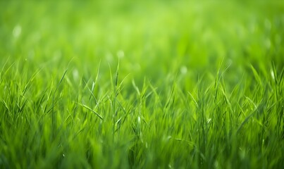 Fototapeta premium Lush green grass meadow background, copy space. Generative AI