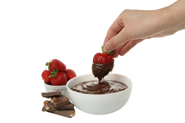 PNG, fondue, plate with chocolate and strawberries, isolated on white background.