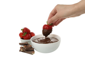 PNG, fondue, plate with chocolate and strawberries, isolated on white background.