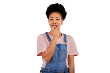 Isolated woman, biting nails and nervous thinking for mistake, fail or choice by transparent png background. Student, African girl or person with confused smile, anxiety and doubt for secret decision
