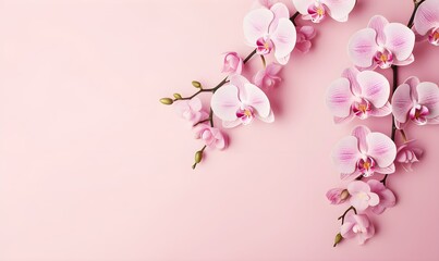 Fototapeta na wymiar Orchid flowers on pale pink background. Creative lifestyle, summer, spring concept. Copy Space. Generative AI