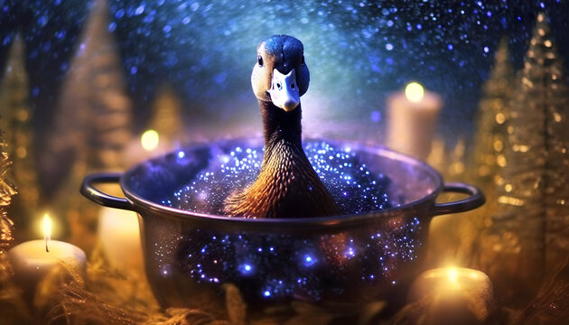 gans im kochtopf, kulisse, hintergrund, neu, karte, weihnachtlich, glitzer, glitter
