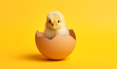 small yellow chicken in a shell on a yellow background, copy space. Generative AI - obrazy, fototapety, plakaty