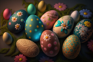 Fototapeta na wymiar Easter eggs in the nest with flower patterns on dark background. 3d illustration
