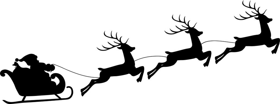 Silhouette o  flying reindeer Santa Claus sleigh. Transparent background illustration.