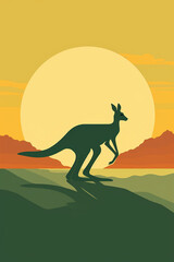 Minimal poster featuring the iconic image of a kangaroo in motion, with subtle shadows and highlights,  against a background of national green and gold

