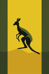 Minimal poster featuring the iconic image of a kangaroo in motion, with subtle shadows and highlights,  against a background of national green and gold

