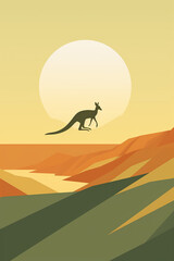 Minimal poster featuring the iconic image of a kangaroo in motion, with subtle shadows and highlights,  against a background of national green and gold

