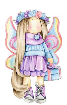 Watercolor hand drawn doll Tilda in dress. Hand drawn watercolor illustration . Design for baby shower party, birthday, cake, holiday celebration design, greetings card, invitation, stickers, posters.