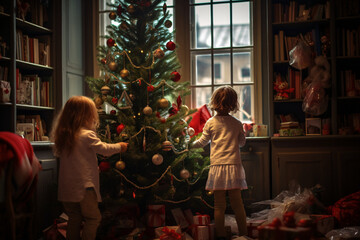 家の中のクリスマスツリーの前で女の子がデコレーションしている