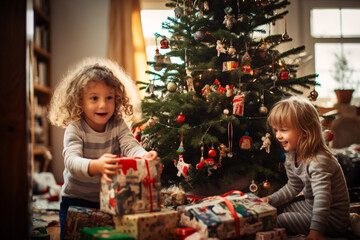 クリスマスツリーの前で子どもたちがプレゼントを受け取っている