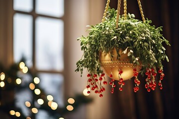 The French hang mistletoe in their homes during the Christmas season; this festive plant is considered a symbol of good luck. Holiday card with space for design.
