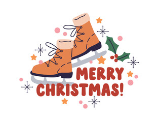 Merry Christmas, winter holiday sticker design. Xmas decoration, festive card, sport decor composition with ice skates, Xmas season elements. Flat vector illustration isolated on white background