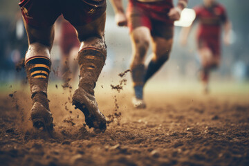 view of rugby players playing a match, close-up on legs and rugby ball  - Powered by Adobe