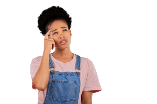 Question, thinking and black woman with doubt, confused and decision isolated on a transparent background. African person, why and model anxious, stress and emoji with ideas, png and problem solving - Powered by Adobe