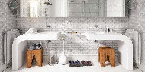 Modernes Badezimmer mit zwei Waschbecken und weißen Fliesen - 3D Visualisierung - obrazy, fototapety, plakaty