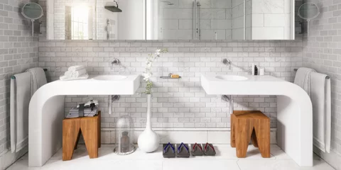 Fotobehang Modernes Badezimmer mit zwei Waschbecken und weißen Fliesen - 3D Visualisierung © 4th Life Photography