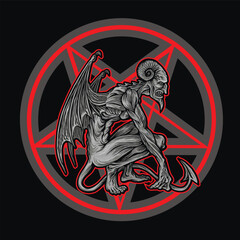 occultic sign with pentogram and demon, grunge vintage design t shirts