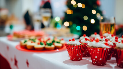 Obraz na płótnie Canvas Christmas cupcakes on festive table, shallow field of view. 