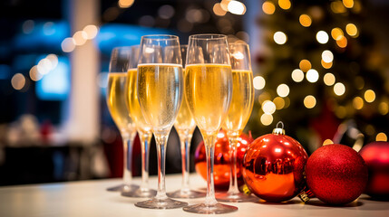 Champagne flutes with Christmas ornaments backdrop.
