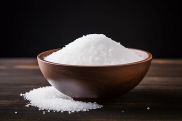 Fototapeta na wymiar A bowl of salt on a wooden table, dark background