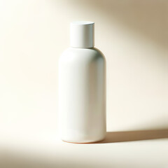 white bottle of cosmetic product on a light beige background. The bottle has a clean, modern design suitable for a skincare product, generative ai