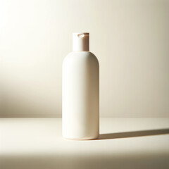 A beige bottle of cosmetic product  on a light beige background
