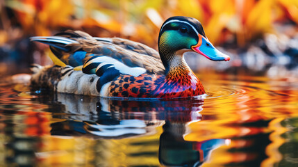Wild variegated waterfowl duck on swamp water close - obrazy, fototapety, plakaty