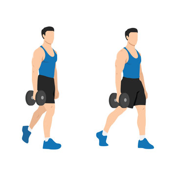 Man doing single or one arm dumbbell farmers walk or suitcase carry exercise. Flat vector illustration isolated on white background