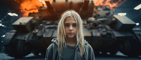 Fototapeta na wymiar A young girl stands before the might of a giant battle tank