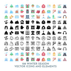108 Vector Winter Season Elements and Icons Pack	