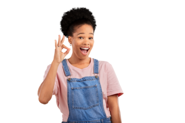 Wow, portrait and woman with okay hands for support, agreement or vote on isolated, transparent or png background. Excited and female model perfect emoji for success, thank you for feedback sign