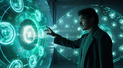 Obraz premium businessman working with virtual projection. processing holographic information. Future technology concept