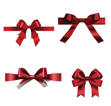 Red Ribbon Bow Realistic shiny satin with shadow horizontal ribbon for decorate your wedding invitation card ,greeting card or gift boxes vector EPS10 isolated on white background