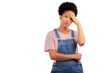 Thinking, face palm and woman with mistake, oops or stupid gesture on isolated, transparent or png...