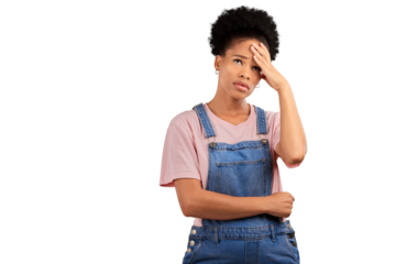 Thinking, face palm and woman with mistake, oops or stupid gesture on isolated, transparent or png background. Stress, emoji and frustrated model with emoji for fail, wrong or disaster, crisis or sad