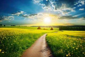 Beautiful landscape with green field and blue sky with clouds