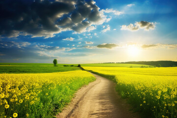 Fototapeta premium Beautiful landscape with green field and blue sky with clouds